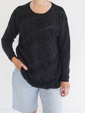 Vintage Epogee Black Cotton Beaded Embroidered Sweater Old Money Minimalist M